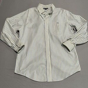 Lands End Shirt Adult 17-34 White Blue Yellow Stripe Button Down Long Sleeve Men
